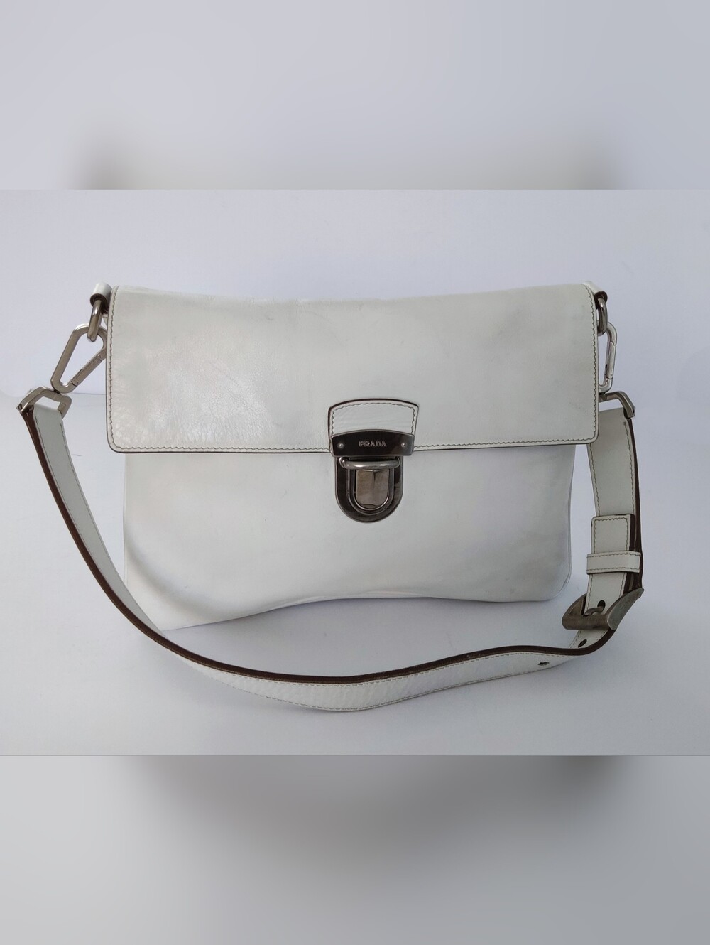 Prada White Leather Shoulder Flap Bag. Vintage.